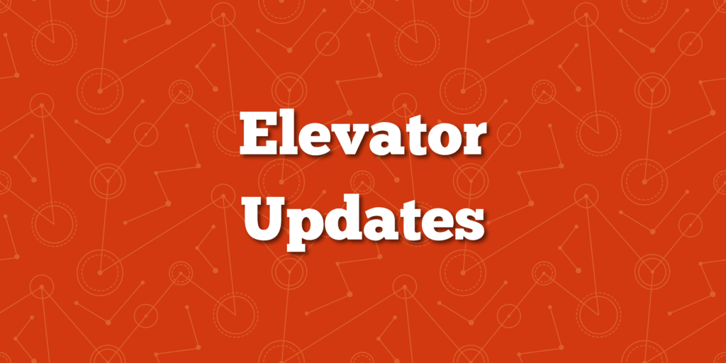 "Elevator Updates" against red background with mechanical drawing overlay