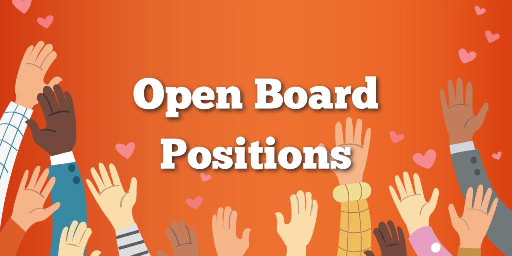 "Open Board Positions" over red-orange background with hands raised
