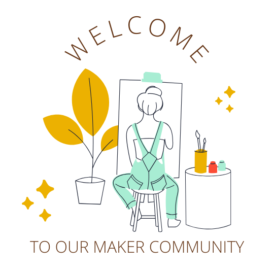 illustration of a person seated at an easel with the words "Welcome to our Maker Community."