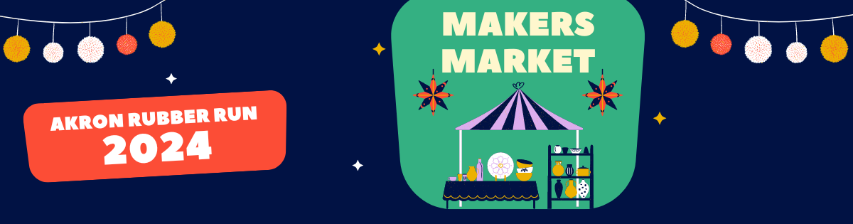 Dark blue banner with yellow, white and red pom poms and artist booth illustration. "Akron Rubber Run 2024 Makers Market."